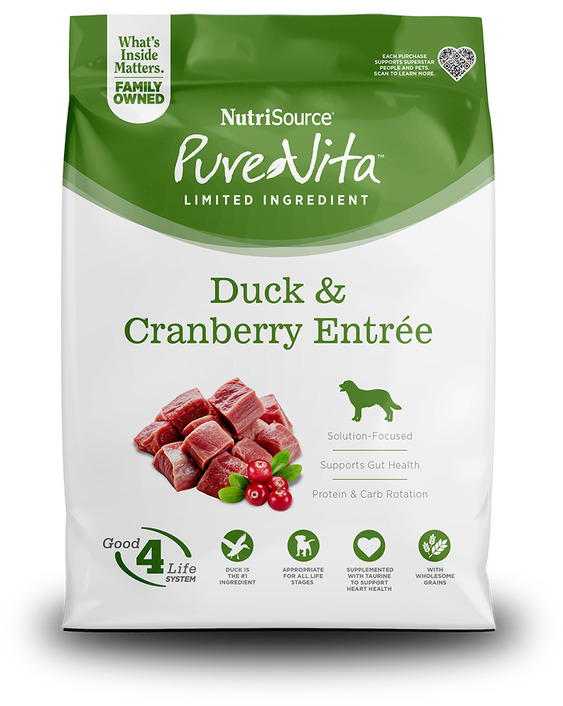Purevita Duck & Cranberry Dry Dog Food front of bag.