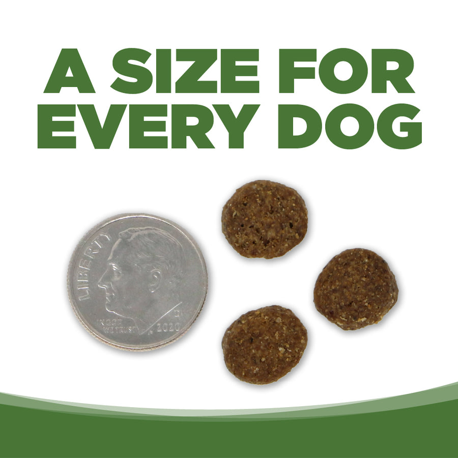A size for every dog. Kibble approximately 2/3rds size of a dime.