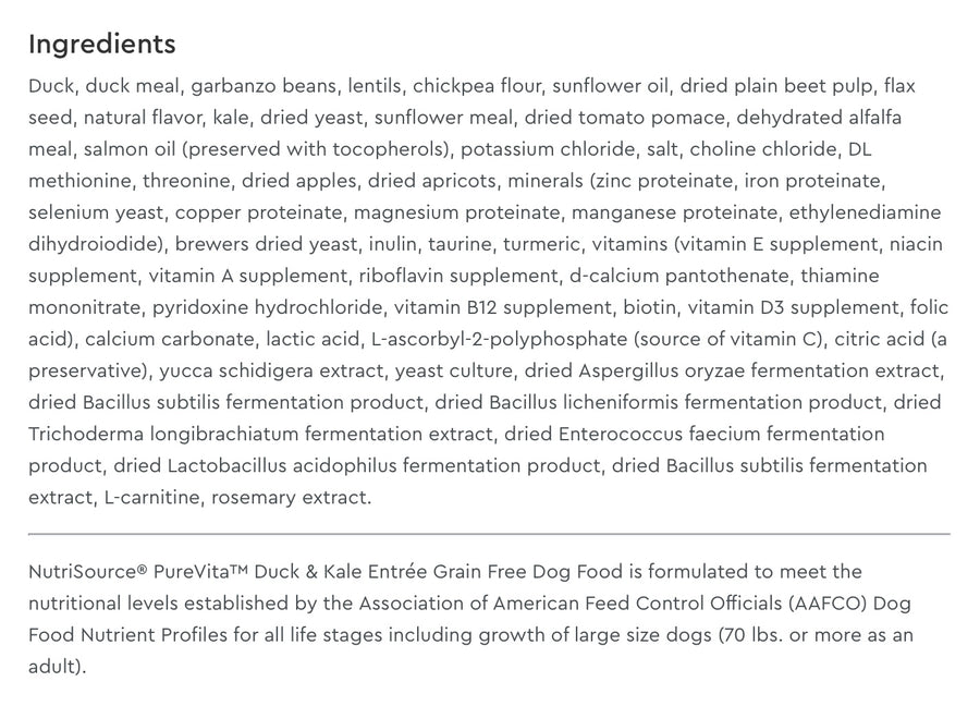 Ingredients list for Purevita Grain Free Duck & Kale Dry Dog Food.