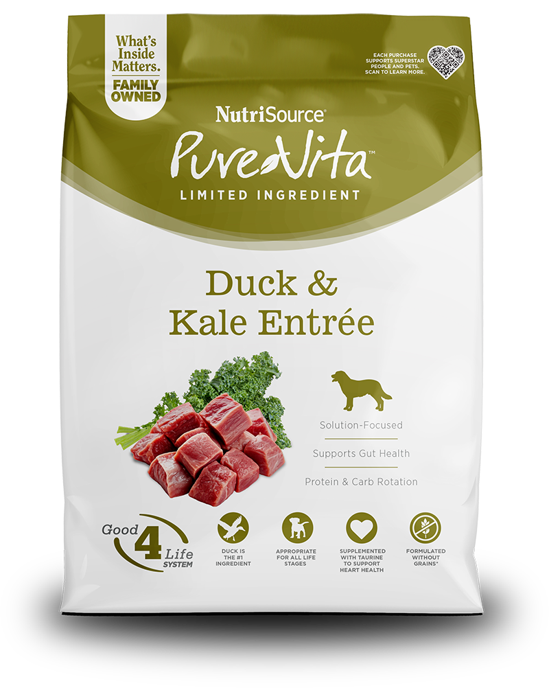 Purevita Grain Free Duck & Kale Dry Dog Food front of bag.