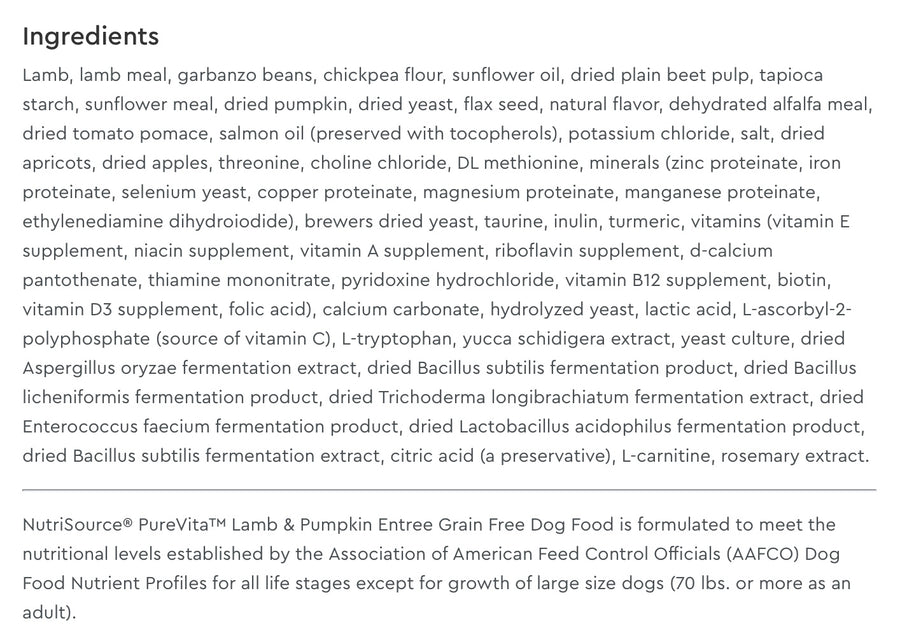 Ingredients list for Purevita Lamb & Pumpkin Dry Dog Food.