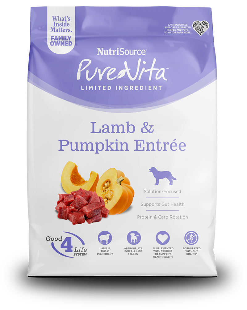Purevita Lamb & Pumpkin Dry Dog Food front of bag.