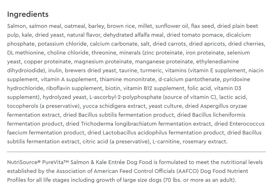 Ingredients list for Purevita Salmon & Kale Dry Dog Food.