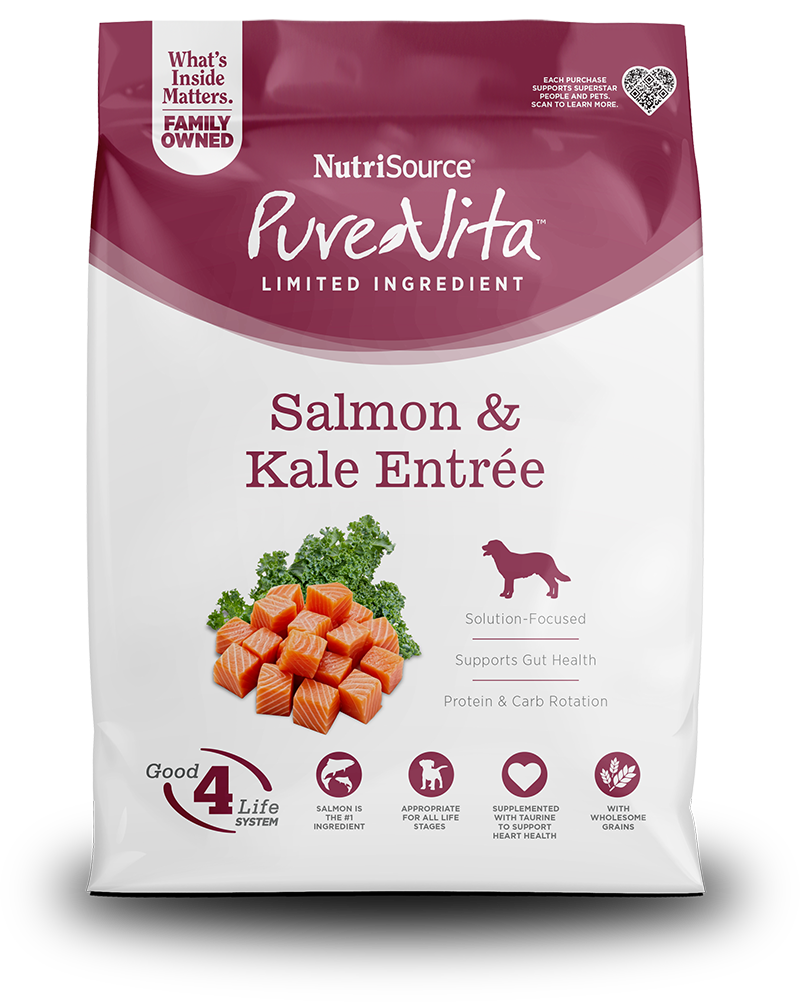 Purevita Salmon & Kale Dry Dog Food front of bag.