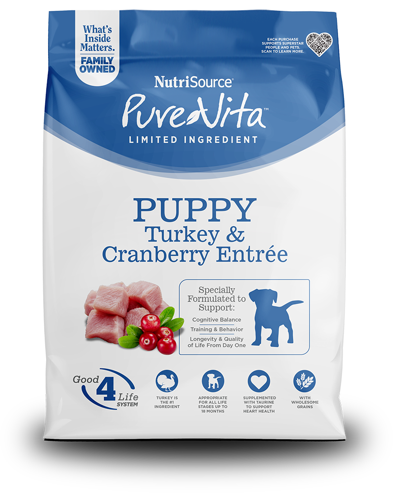 Purevita Turkey & Cranberry Dry Puppy Food front of bag.