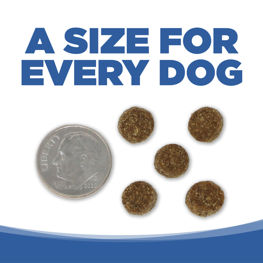 A size for every dog. Kibble approximately 2/3rds size of a dime.