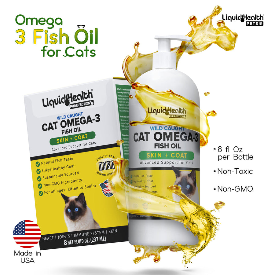 Box and bottle of Liquid Health Purr-Fection Omega-3 Fish Oil For Cats 8 floz, non-toxic and non-GMO