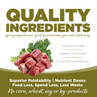 Quality Ingredients. Superior palatability, nutrient dense, feed less, spend less, less waste. No corn, wheat, soy or by-products.