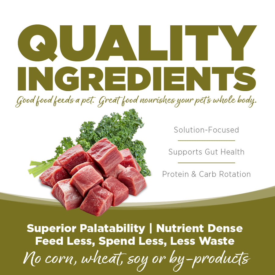 Quality Ingredients. Superior palatability, nutrient dense, feed less, spend less, less waste. No corn, wheat, soy or by-products.