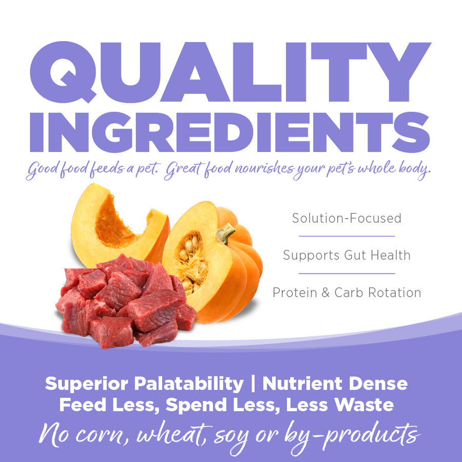 Quality Ingredients. Superior palatability, nutrient dense, feed less, spend less, less waste. No corn, wheat, soy or by-products.