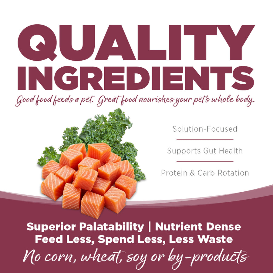 Quality Ingredients. Superior palatability, nutrient dense, feed less, spend less, less waste. No corn, wheat, soy or by-products.