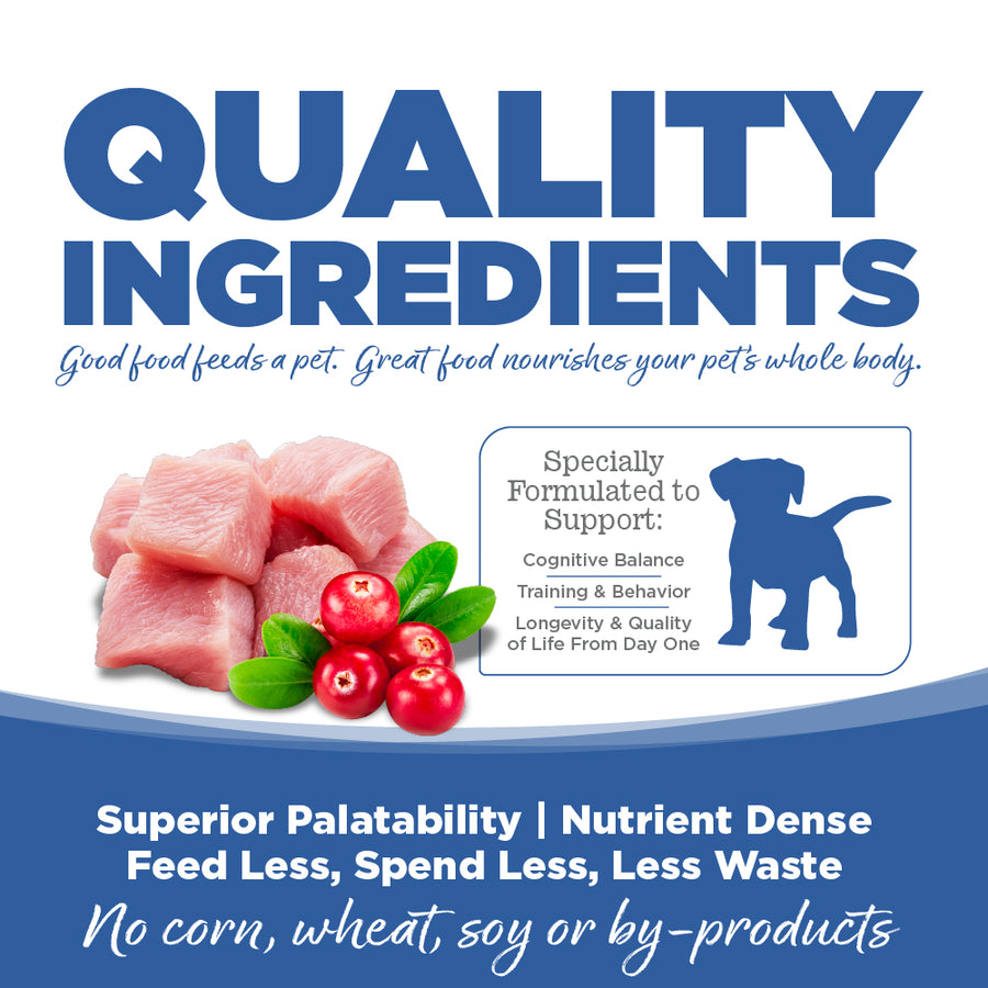 Quality Ingredients. Superior palatability, nutrient dense, feed less, spend less, less waste. No corn, wheat, soy or by-products.