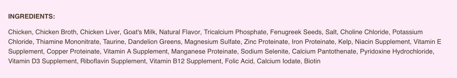 Ingredients list for RAWZ 96% Chicken, Chicken Liver &amp; Goat's Milk Pate Canned Cat Food.