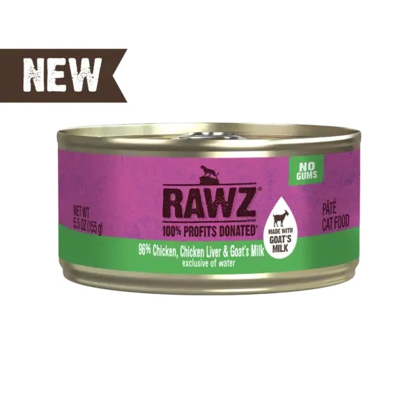 RAWZ 96% Chicken, Chicken Liver &amp; Goat's Milk Pate Canned Cat Food front of food.