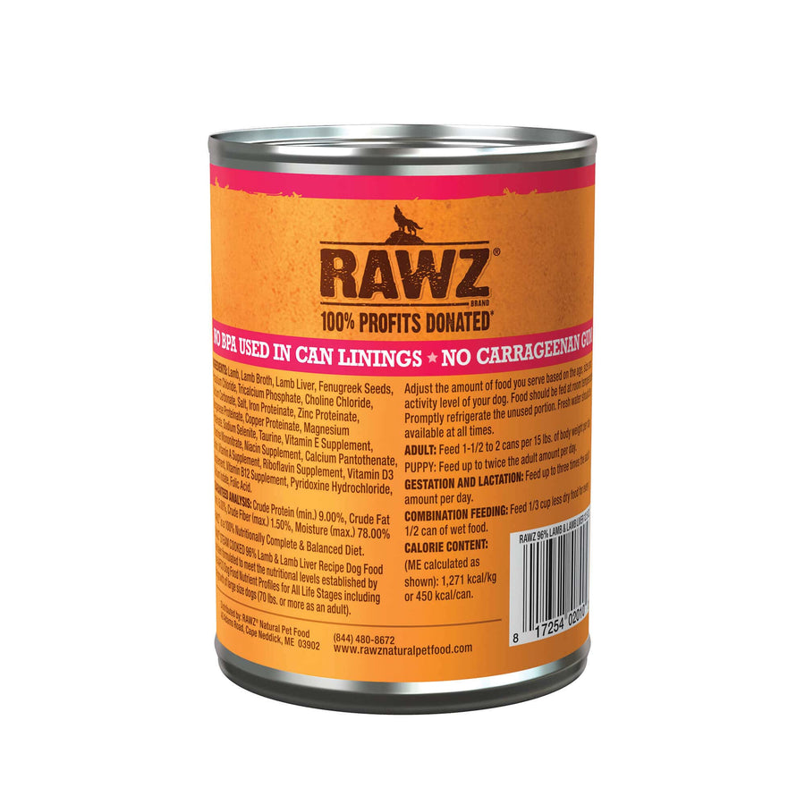 RAWZ 96% Lamb & Lamb Liver Canned Dog Food back of can.