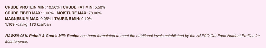 Guaranteed Analysis for RAWZ 96% Rabbit &amp; Goat's Milk Pate Canned Cat Food.