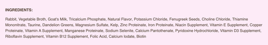 Ingredients list for RAWZ 96% Rabbit &amp; Goat's Milk Pate Canned Cat Food.