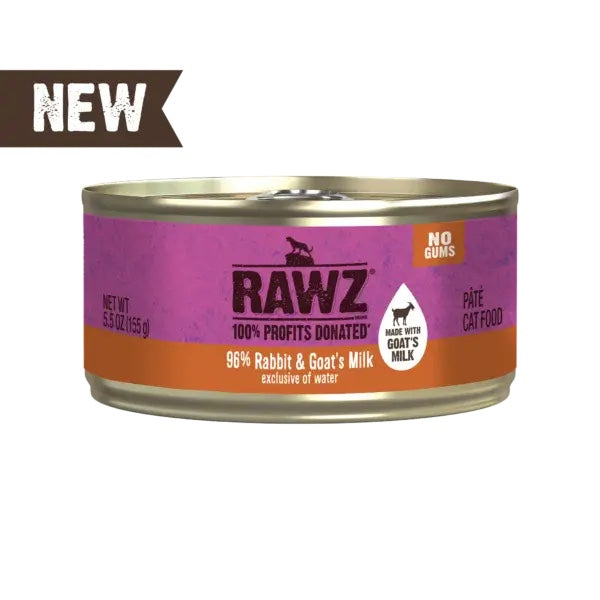 RAWZ 96% Rabbit &amp; Goat's Milk Pate Canned Cat Food front of can.