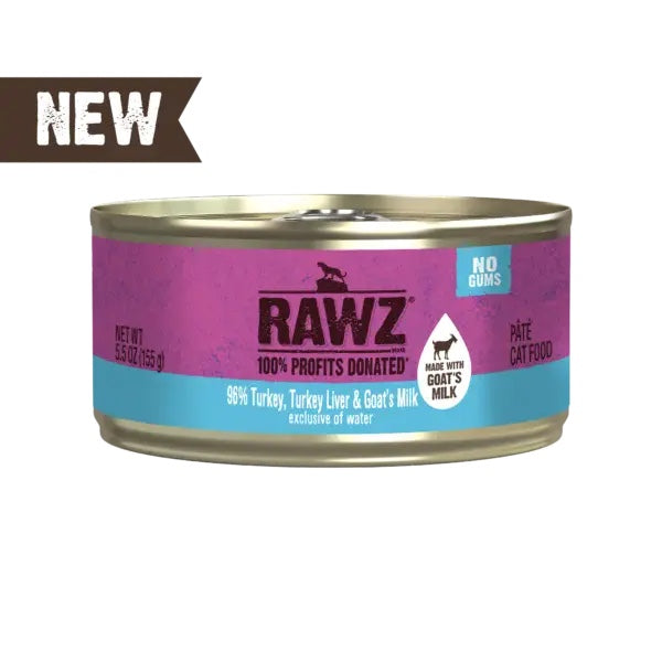 RAWZ 96% Turkey, Turkey Liver &amp; Goat's Milk Pate Canned Cat Food front of can.