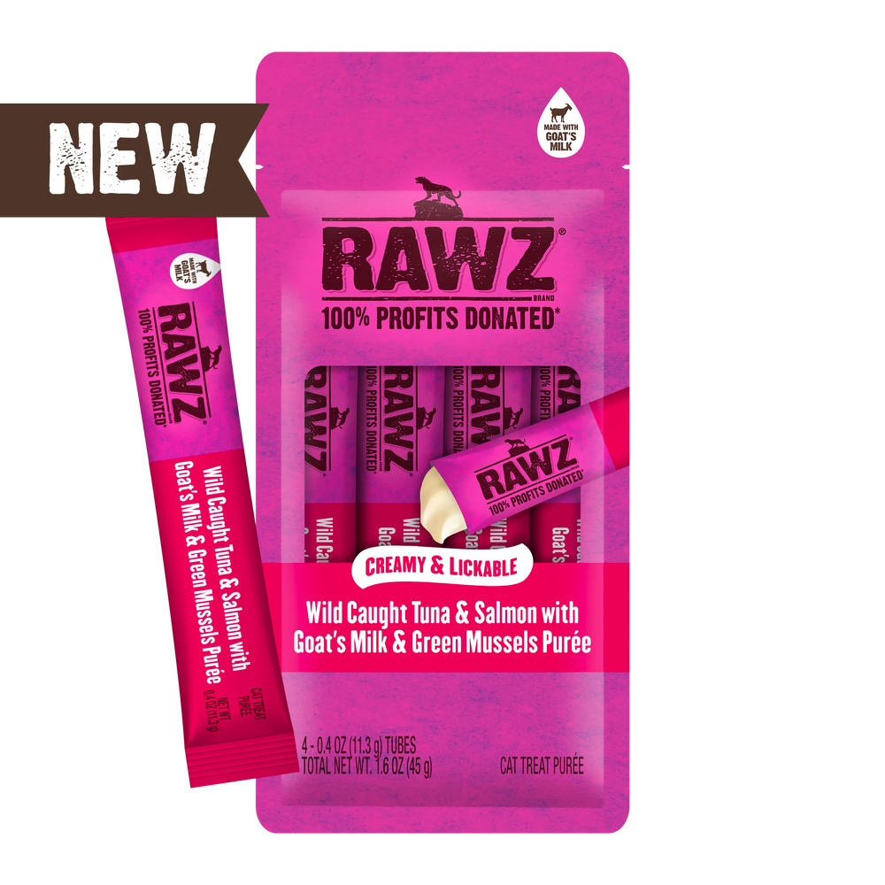 RAWZ cat treat pouch in bright pink packaging with several RAWZ tubes visible inside, plus a single loose tube leaning at left. 