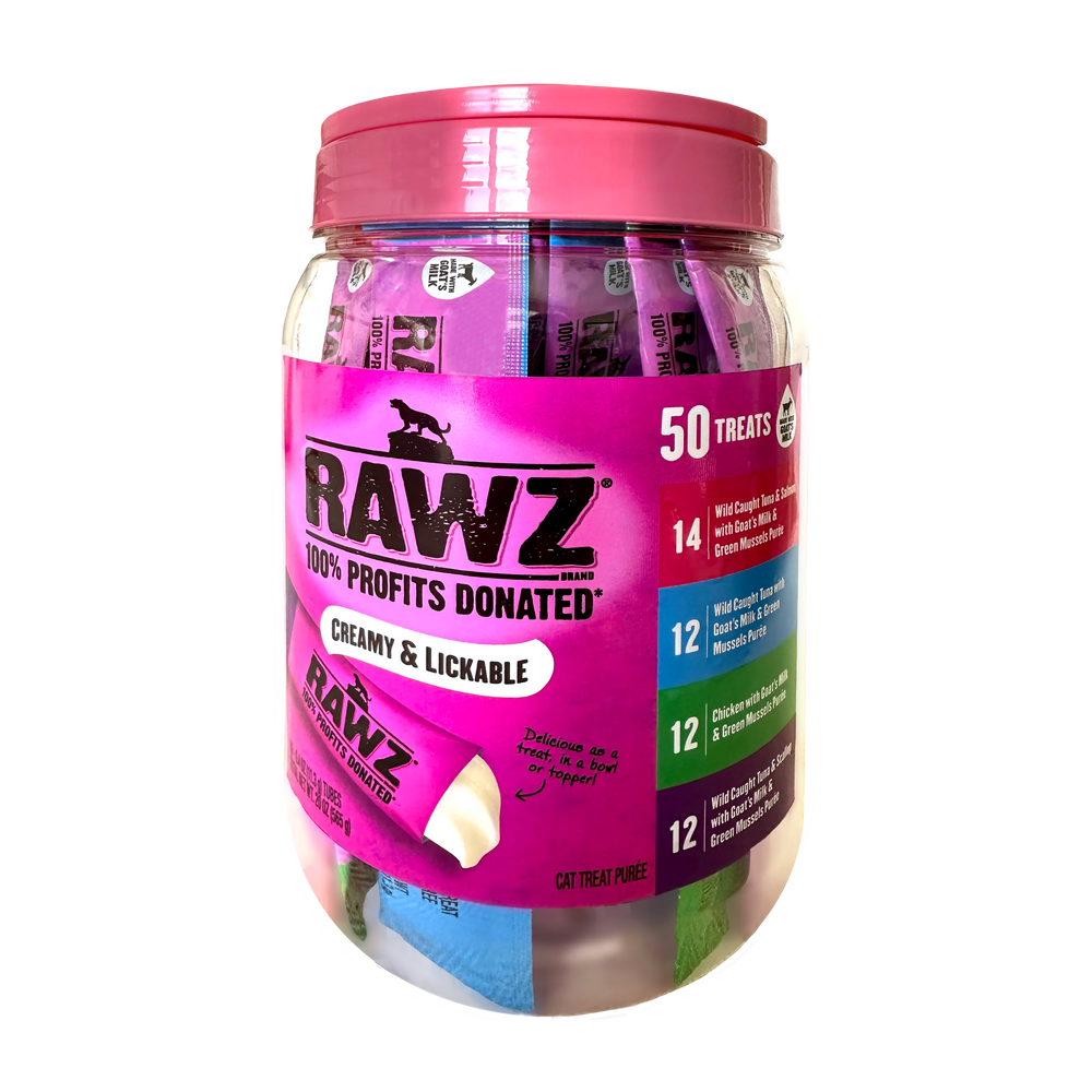 A jar of RAWZ cat lickable treats with a bright pink lid and a colorful label showing 50 various treat flavors inside.