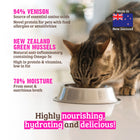 Cat drinking from a bowl with text about the product's ingredients and benefits on a white background.