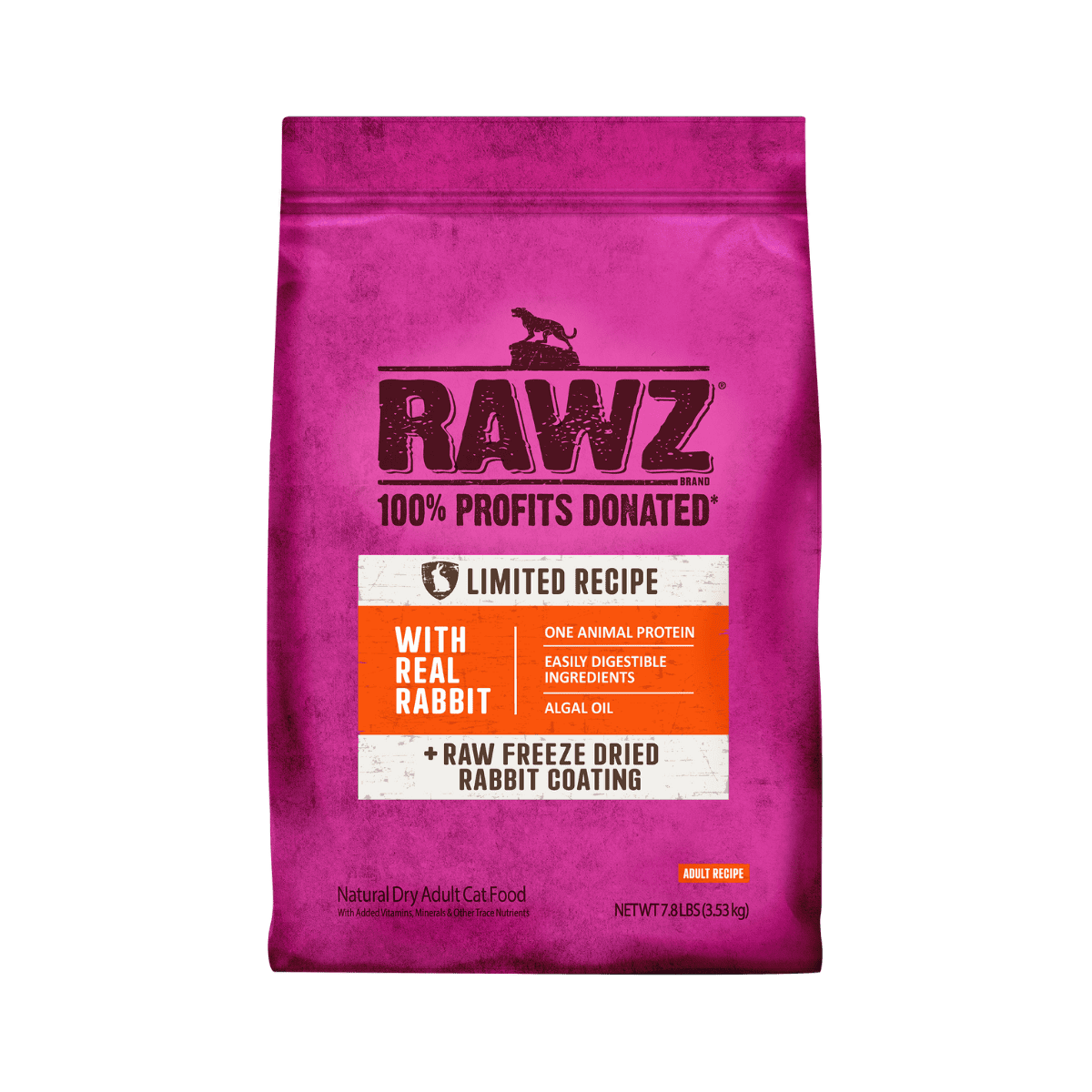 Front bag of RAWZ Grain Free & Meal Free Rabbit Dry Cat Food 7.8lbs