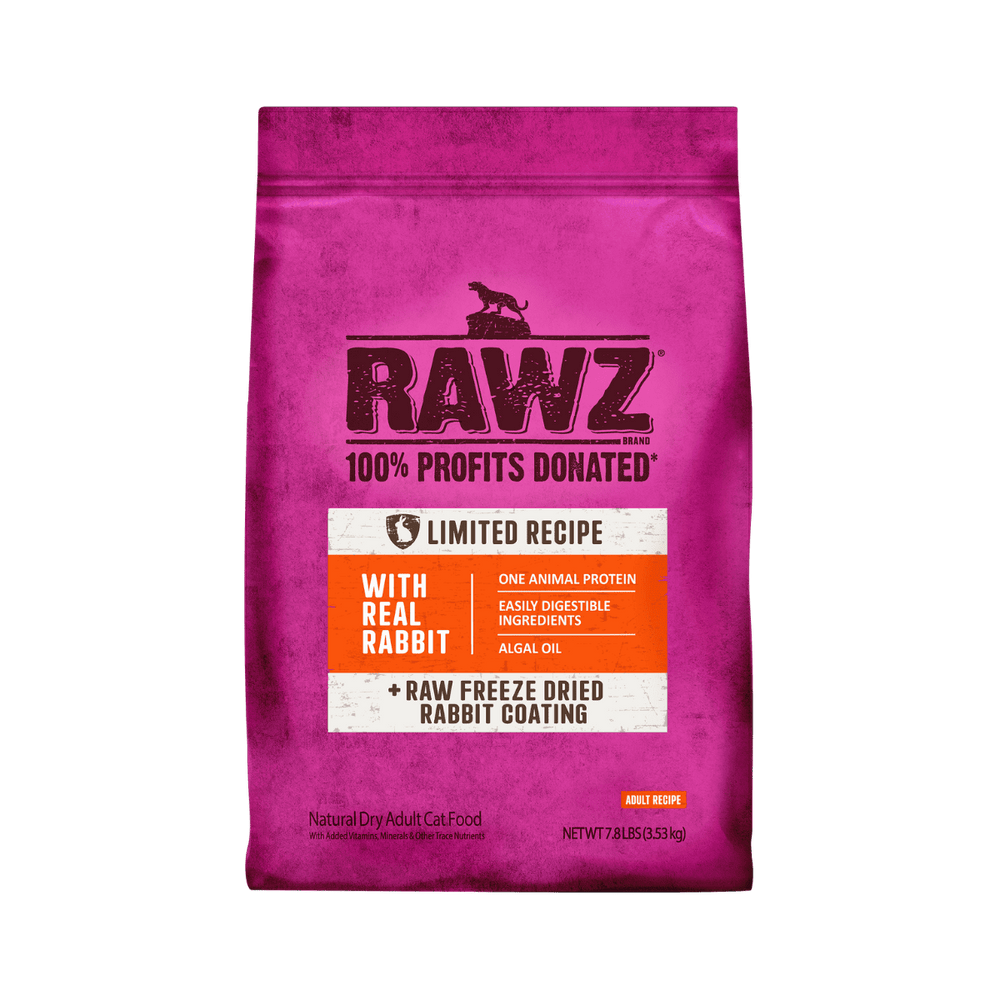 Front bag of RAWZ Grain Free & Meal Free Rabbit Dry Cat Food 7.8lbs