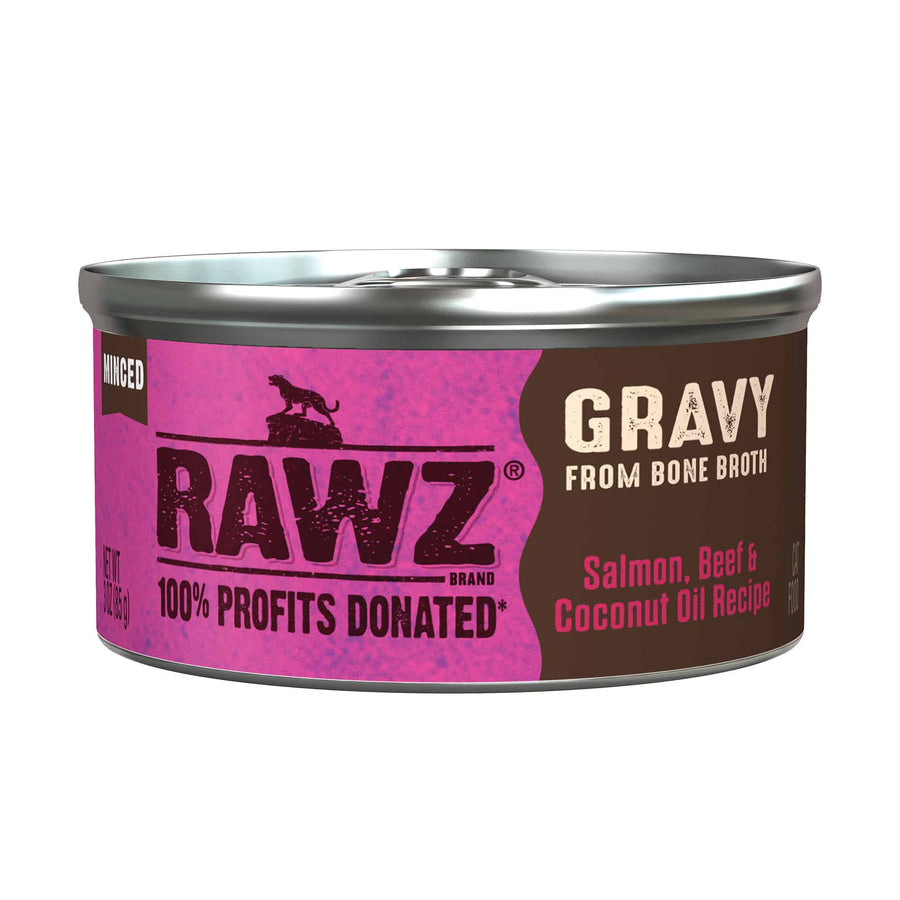 RAWZ Gravy From Bone Broth Salmon, Beef & Coconut Oil Canned Cat Food 3oz, Front Can