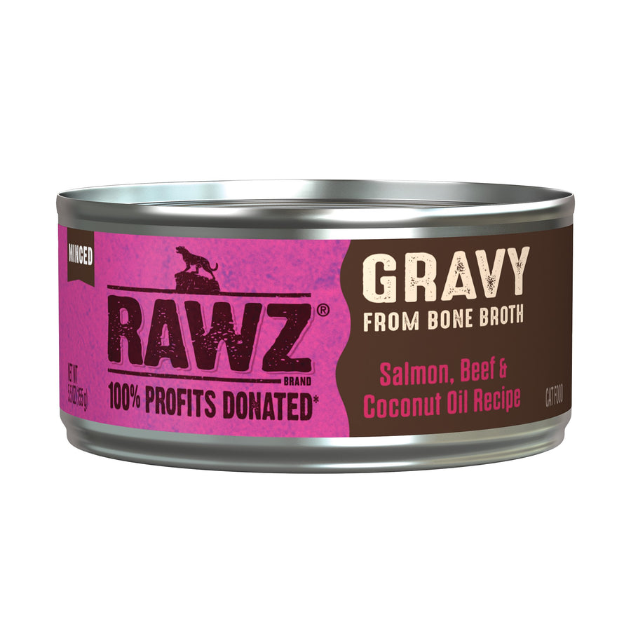 Front can of RAWZ Gravy From Bone Broth Salmon, Beef & Coconut Oil Canned Cat Food 5.5oz