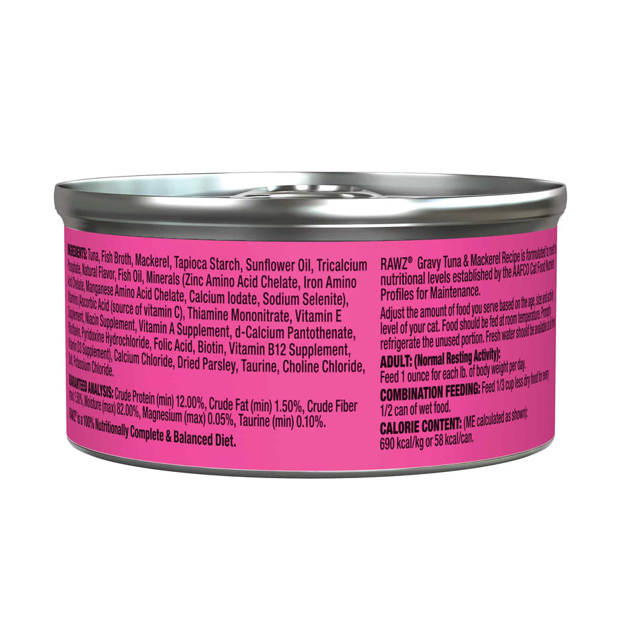 RAWZ Gravy From Bone Broth Tuna & Mackerel Canned Cat Food 3oz, Back can