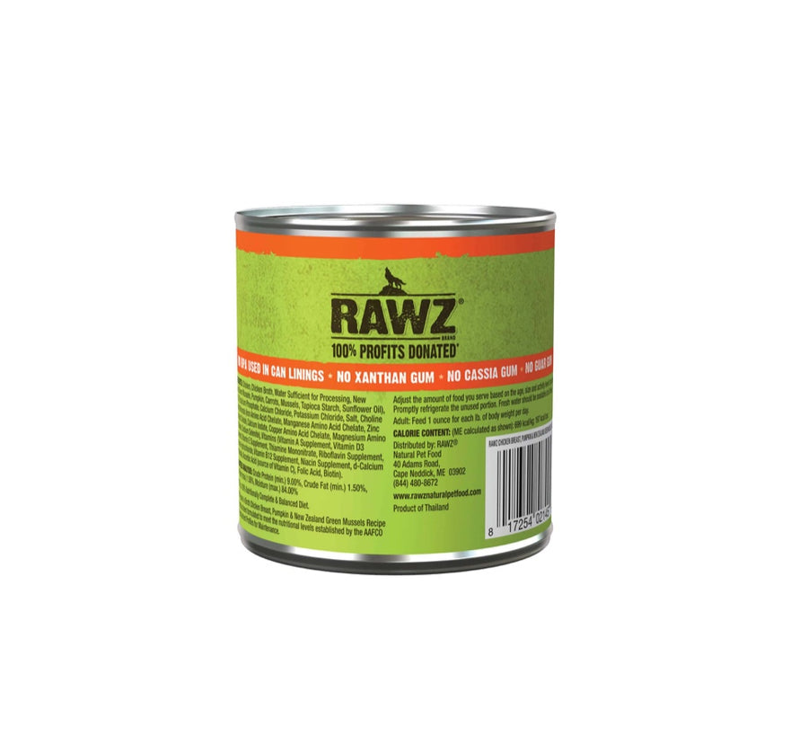RAWZ Hunks Chicken Breast, Pumpkin, and New Zealand Green Mussels Recipe Canned Dog Food back of can.