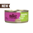 A can of RAWZ Hydrating Purée Chicken Recipe cat food on a white background, featuring a pink and green label with a brown 'NEW' banner in the top left corner.