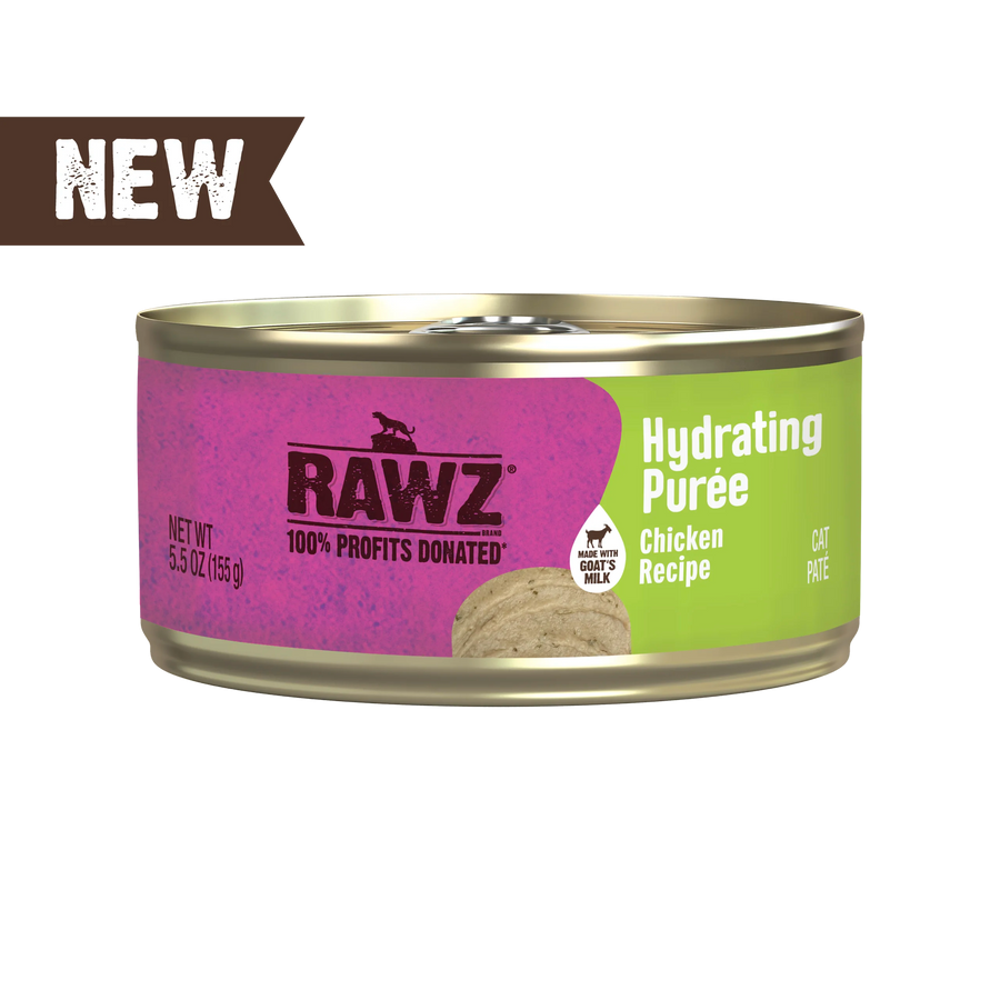 A can of RAWZ Hydrating Purée Chicken Recipe cat food on a white background, featuring a pink and green label with a brown 'NEW' banner in the top left corner.