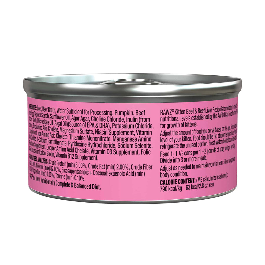 Back can of RAWZ Kitten Beef & Beef Liver Canned Kitten Food 2.8oz