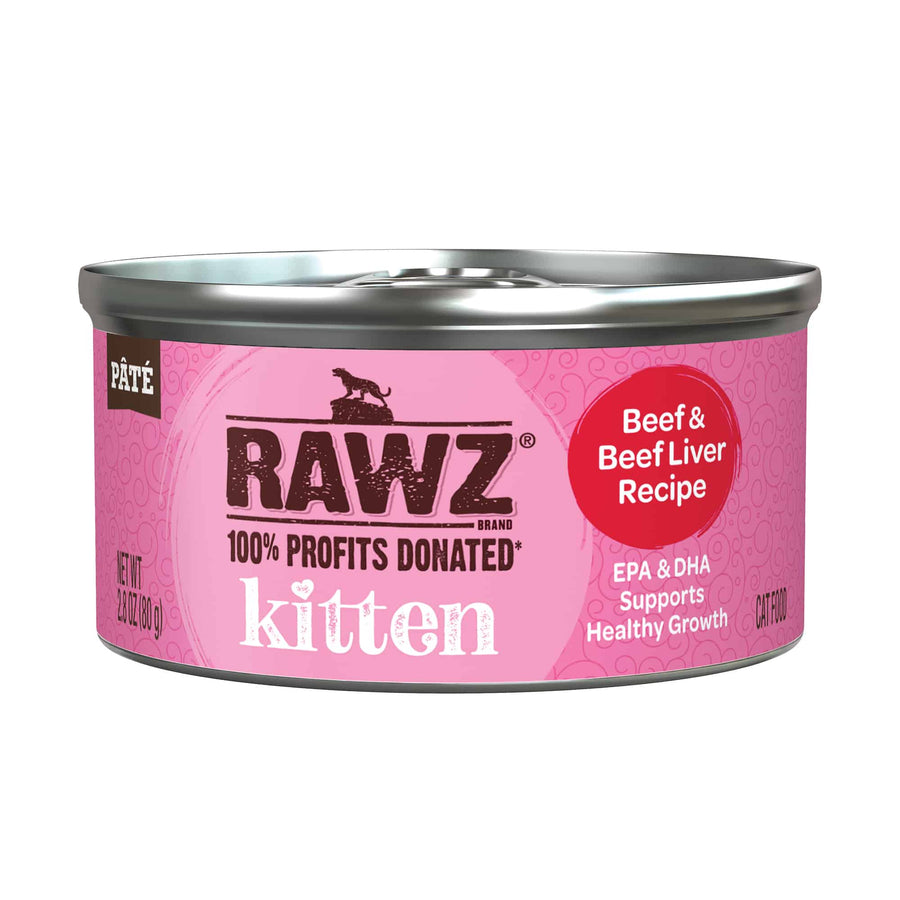 Front can of RAWZ Kitten Beef & Beef Liver Canned Kitten Food 2.8oz