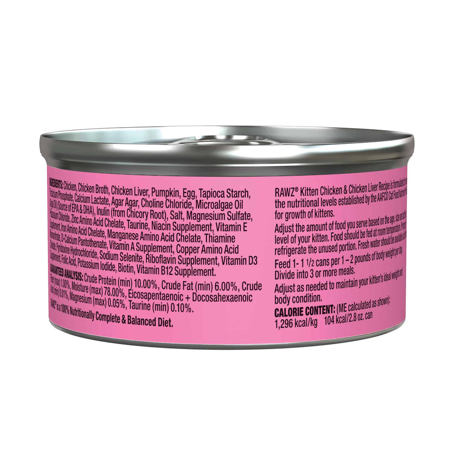 Back can of RAWZ Kitten Chicken & Chicken Liver Canned Kitten Food 2.8oz
