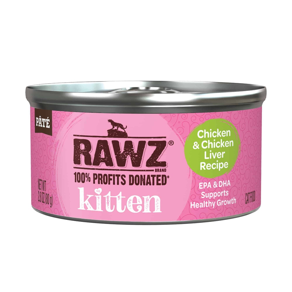Front can of RAWZ Kitten Chicken & Chicken Liver Canned Kitten Food 2.8oz