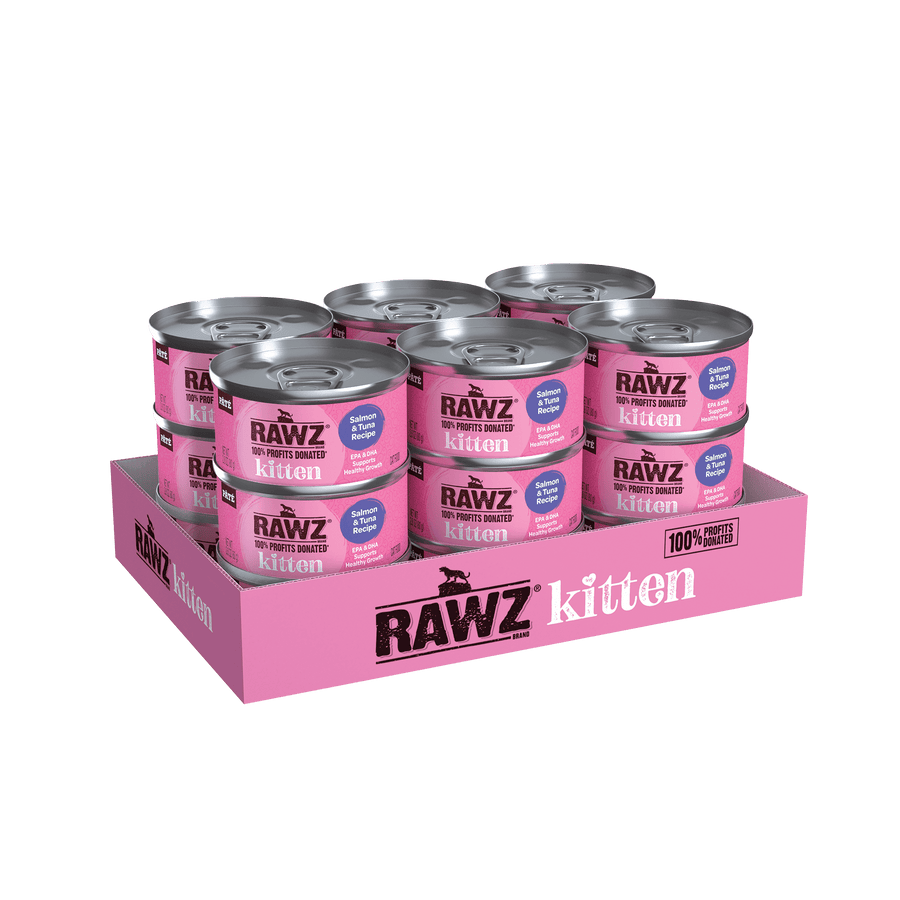 Pack of cans of RAWZ Kitten Chicken & Tuna Canned Kitten Food 2.08oz Back
