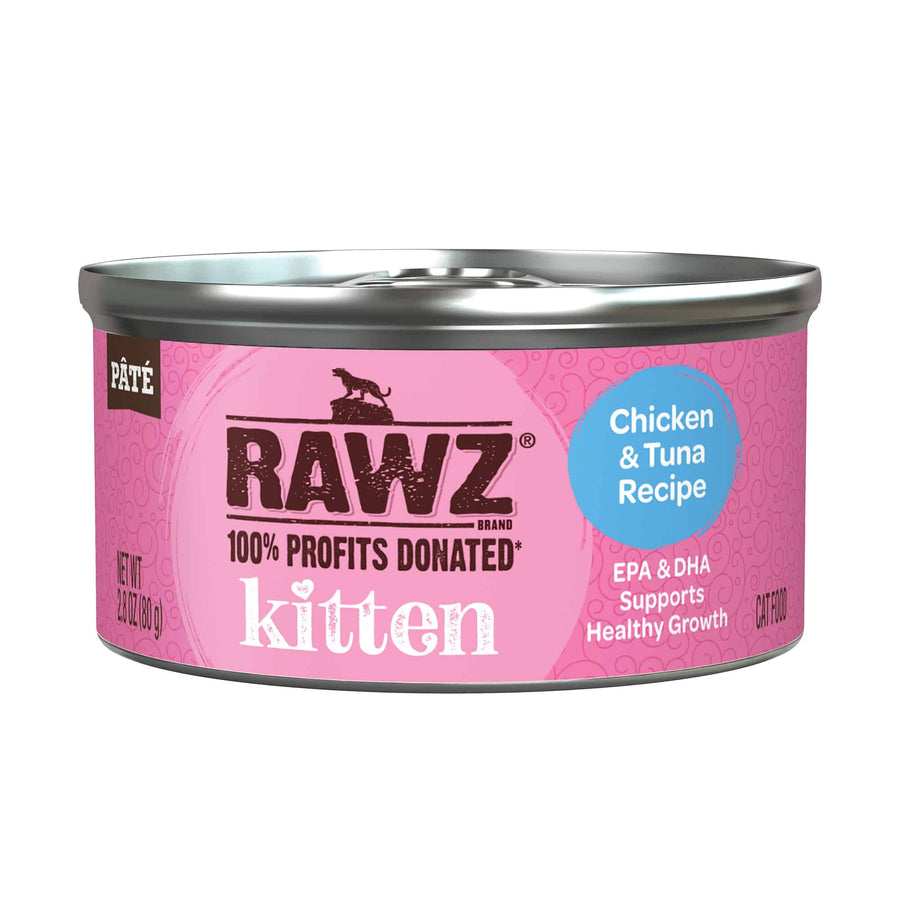 Front can of RAWZ Kitten Chicken & Tuna Canned Kitten Food Front 2.08oz