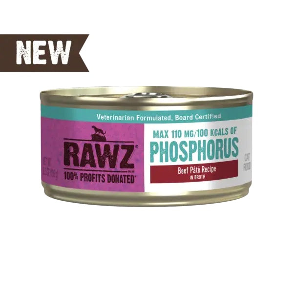 RAWZ Reduced Phosphorous Beef Pate Canned Cat Food front of can.