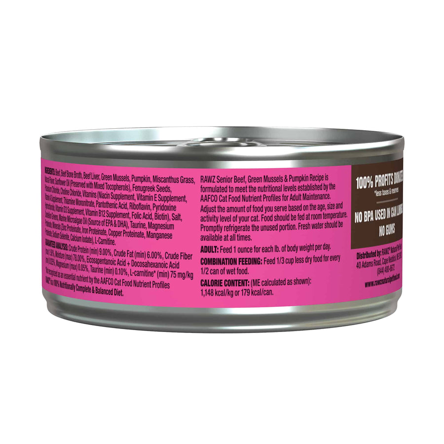 Side View of RAWZ Senior Beef, Green Mussels & Pumpkin Canned Cat Food 2.8oz