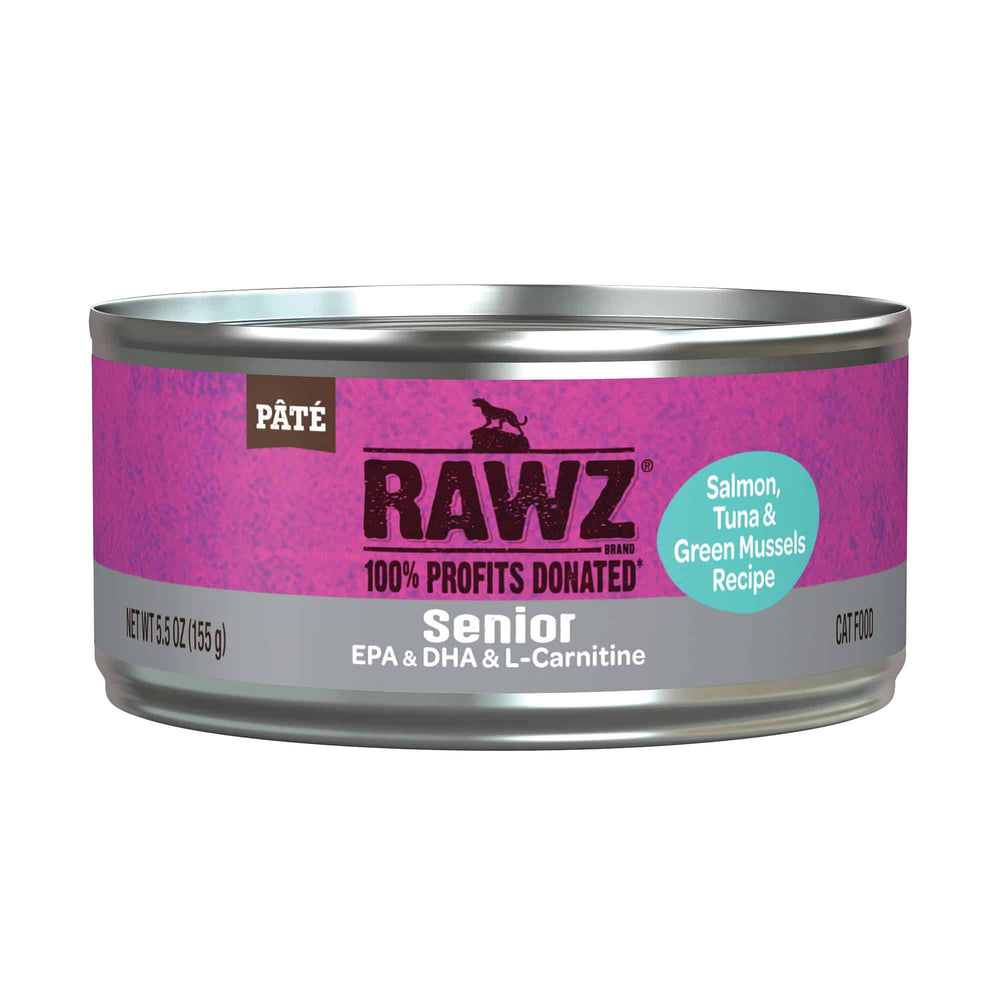 RAWZ Senior Salmon, Tuna & New Zealand Green Mussels Canned Cat Food 5.5oz, Front can