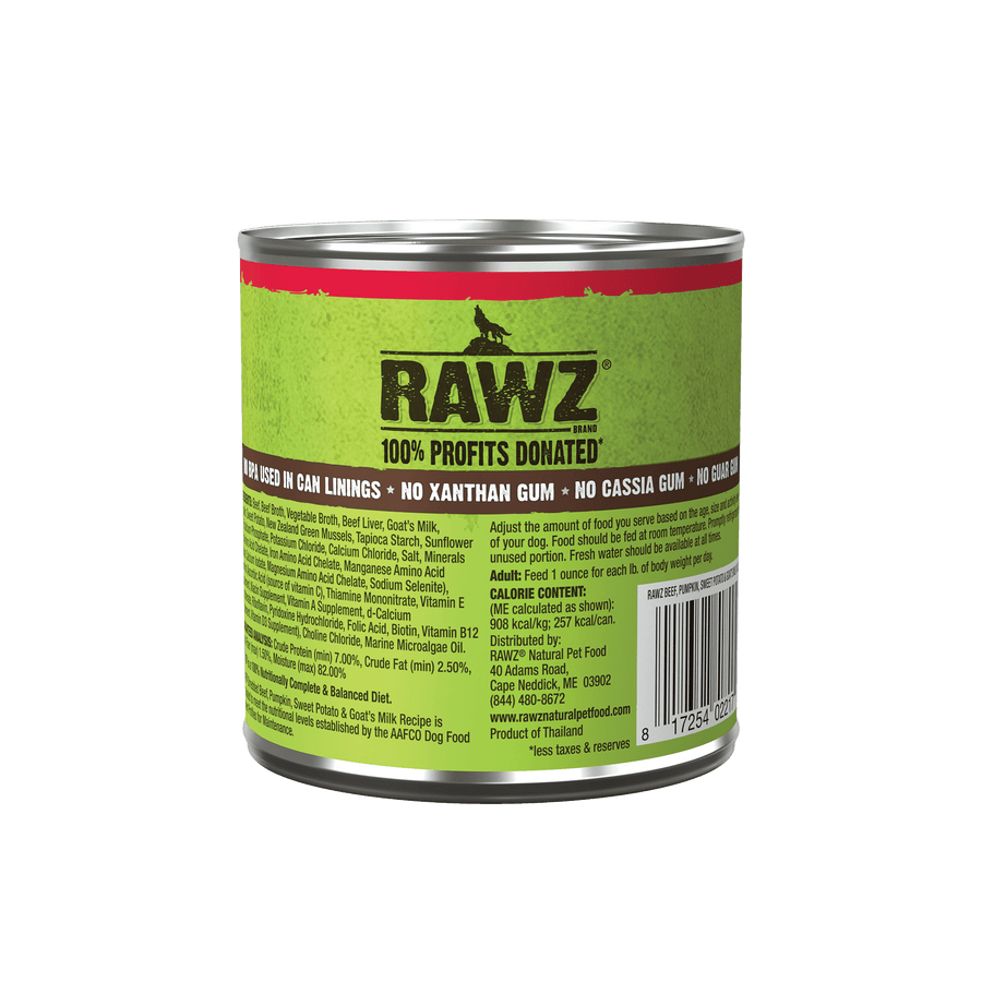 RAWZ Shredded Beef, Pumpkin, Sweet Potato & Goat's Milk Canned Dog Food back of can.