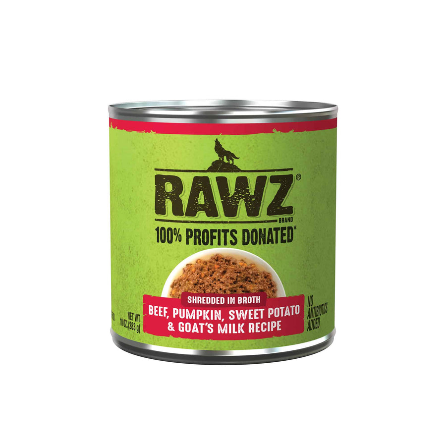 RAWZ Shredded Beef, Pumpkin, Sweet Potato & Goat's Milk Canned Dog Food front of can.