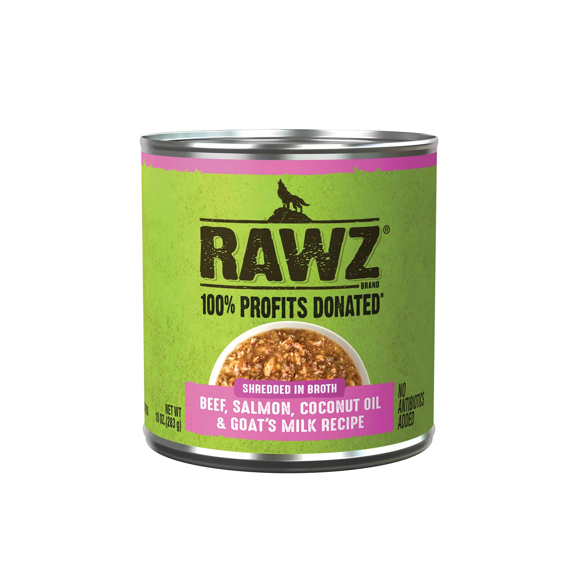 RAWZ Shredded Beef, Salmon, Coconut Oil & Goat's Milk Canned Dog Food front of bag.