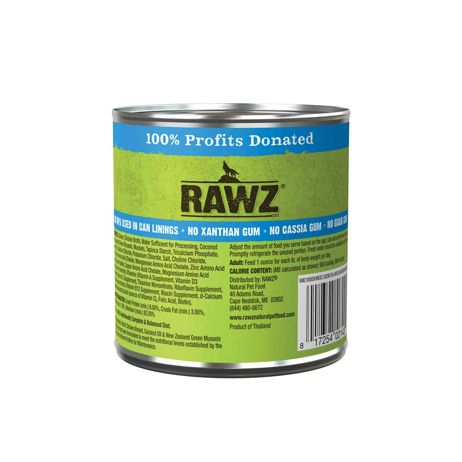 Front can of RAWZ Shredded Chicken Breast, Coconut Oil & New Zealand Green Mussels Recipe Canned Dog Food 10oz
