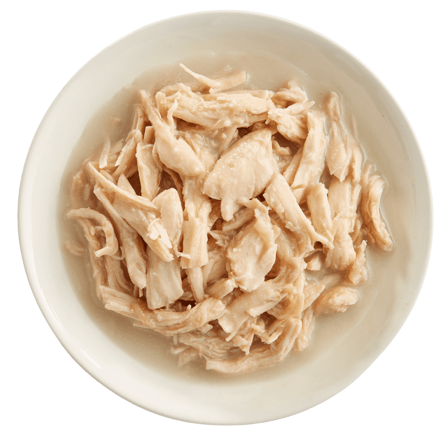 RAWZ Shredded Chicken Breast, Coconut Oil & New Zealand Green Mussels Recipe Canned Dog Food In a white bowl