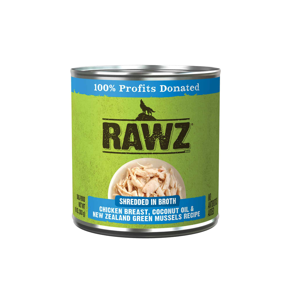Front can of RAWZ Shredded Chicken Breast, Coconut Oil & New Zealand Green Mussels Recipe Canned Dog Food