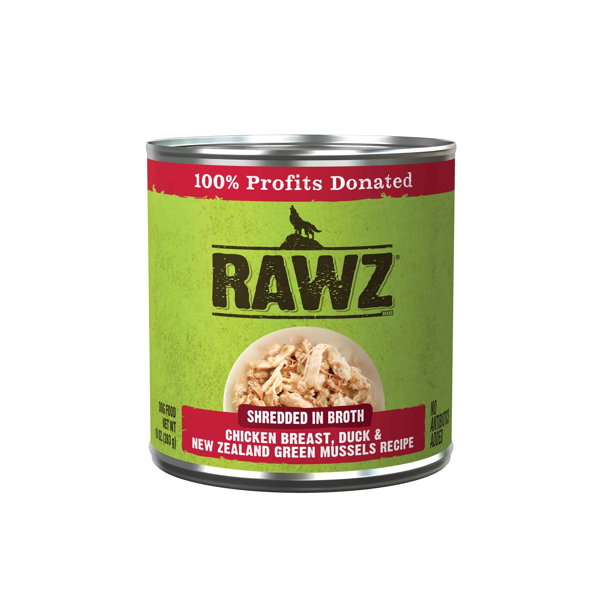 RAWZ Shredded Chicken Breast, Duck, & New Zealand Green Mussels Recipe Canned Dog Food front of can.